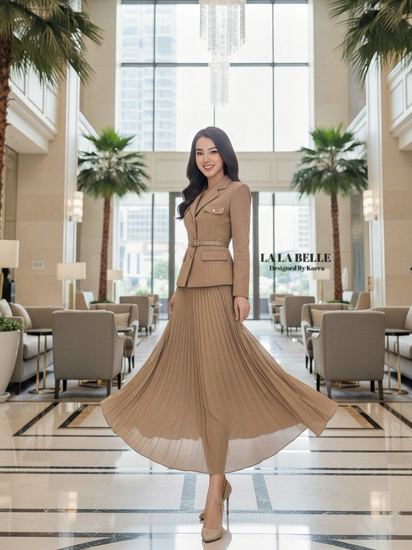 เซต3ชิ้น เสื้อสูทคอวีกระดุมหน้าบ่าเสริมฟองน้ำเอวเข้ารูปเข้าทรงมีซับในอัดกาว+ เข็มขัดหนังเข้า +ชุดชายเสื้อระบายช่วงปลาย+กระโปรงอัดพีท