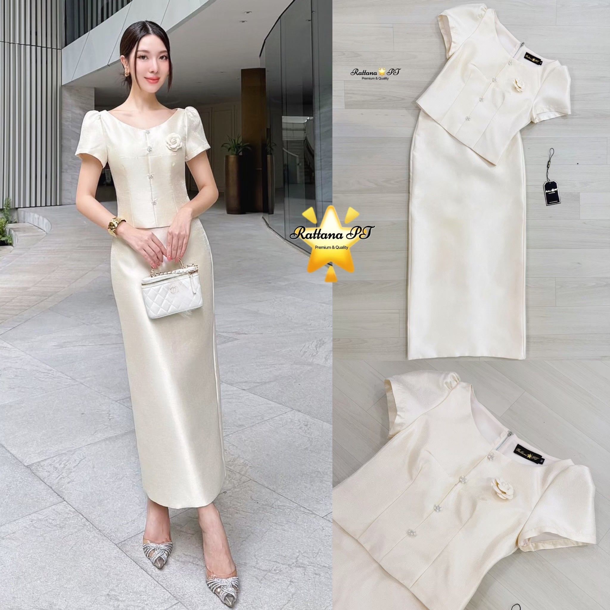 ชุดเซต เรียบหรูดูแพง เนื้อผ้าดีมาก เสื้อแต่งกระดุมด้านหน้า มีเข็มกลัดดอกไม้ติดที่หน้าอก สามารถถอดออกได้ หน้าอกมีฟองน้ำ มีซับในทั้งชุด มีซิบด้านหลัง จะใส่ไปงานบุญ งานบวช งานแต่ง ชุดนี้เหมาะสมมาก หรอใส่ออกงาน ดูดีมาก🤍🤍