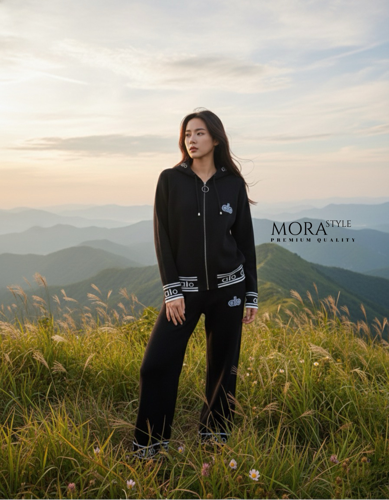 เซ็ตไหมพรม 2 ชิ้น เสื้อแขนยาวมีฮู้ดหมวกงานซิปรูดด้านหน้า มาพร้อมกับกางเกงขายาวปักแต่งโลโก้ทั้งเซต ใส่เที่ยวขึ้นเขาขึ้นดอยได้หมดเลยค่ะ