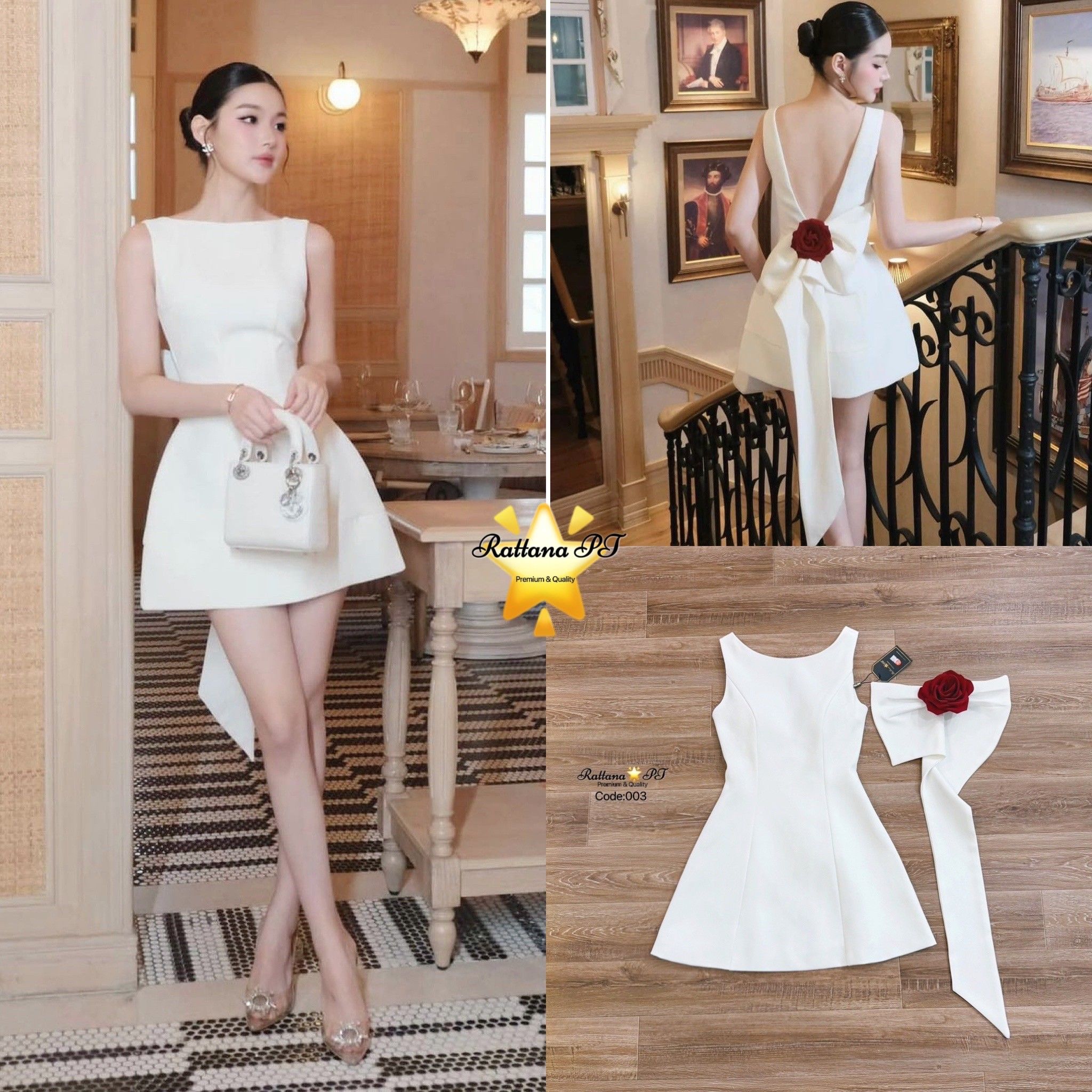 เดรส ทรงสวยมาก มีดีเทลโบหลังแต่งด้วยเข็มกลัดกุหลาบแดง สามารถถอดออกได้ น่ารักสุด สวยลงตัว หรูหรามาก ชุดมีซับในอย่างดี หน้าอกมีฟองน้ำ มีซิบด้านหลัง ใส่เที่ยว ออกงาน ดินเนอร์ งานแต่ง ปาตี้กับเพื่อน ช้าไม่ได้แล้วคร้า เก็บเข้าตู้ด่วน
