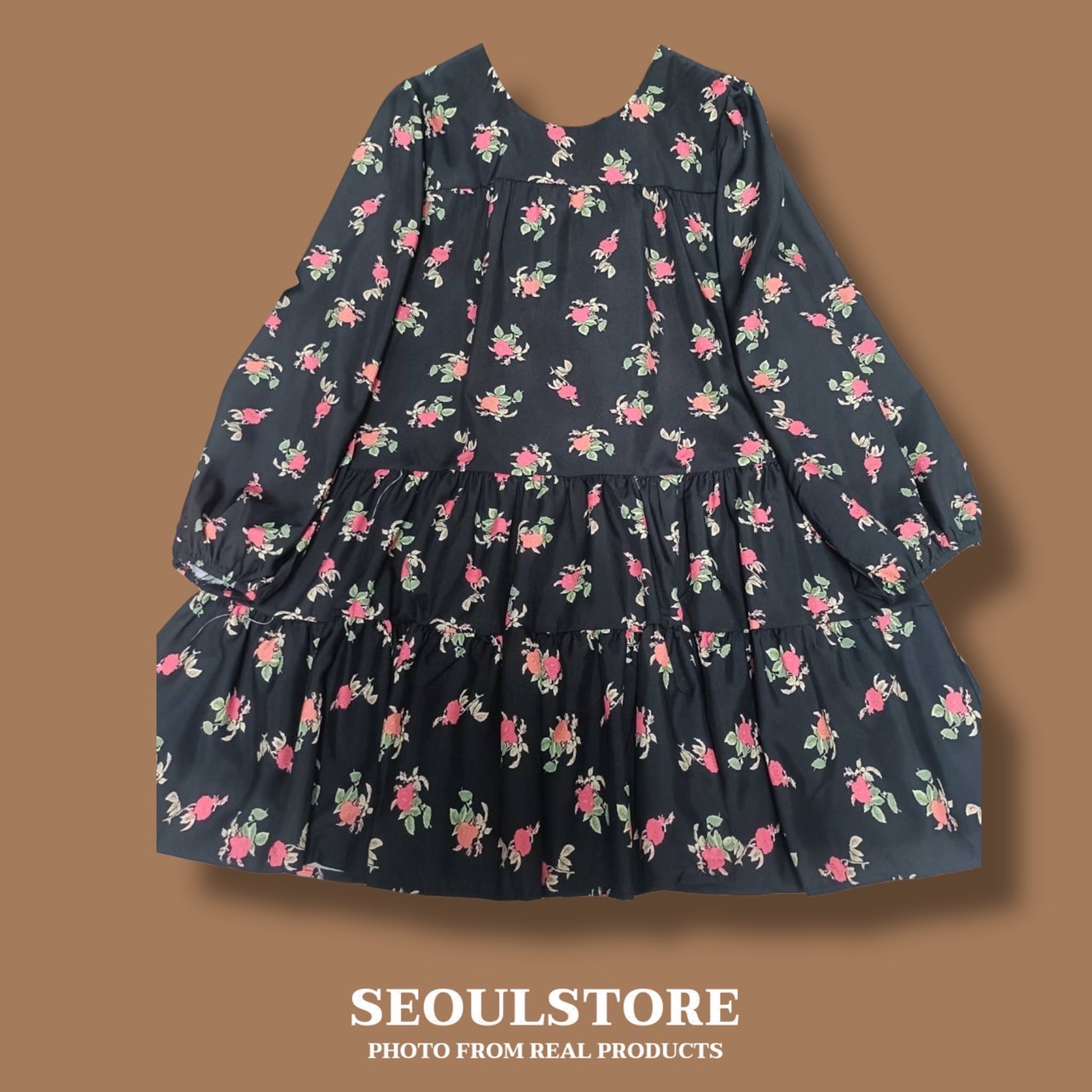 เดรสสั้นแขนยาวสุดน่ารัก ลายดอกไม้สวย ทรงปล่อยๆ สวมใส่สบายๆๆ กระโปรงแต่งเลเยอร์ชั้นระบายตามแบบ มีซับใน อย่างดี