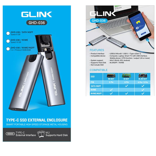 GHD036 GLINK TYPE-C SSD EXTERNAL DRIVE NVMD10gb/NGFF6gb 2in1 EX-SS-GT-03656