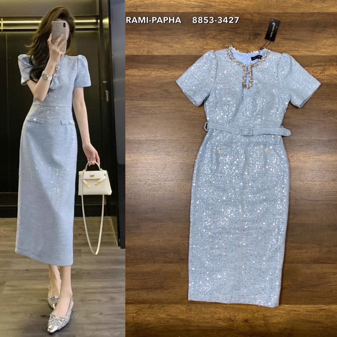 Label :: RAMI-PAPHA(รมิปภา) เดรสตัวยาวเนื้อผ้าทวีตปักwinkสวยหรูโดดเด่น ยิ่งโดนแสงยิ่งสวย winkปักสลับเล็กใหญ่แน่นๆสวยมากก