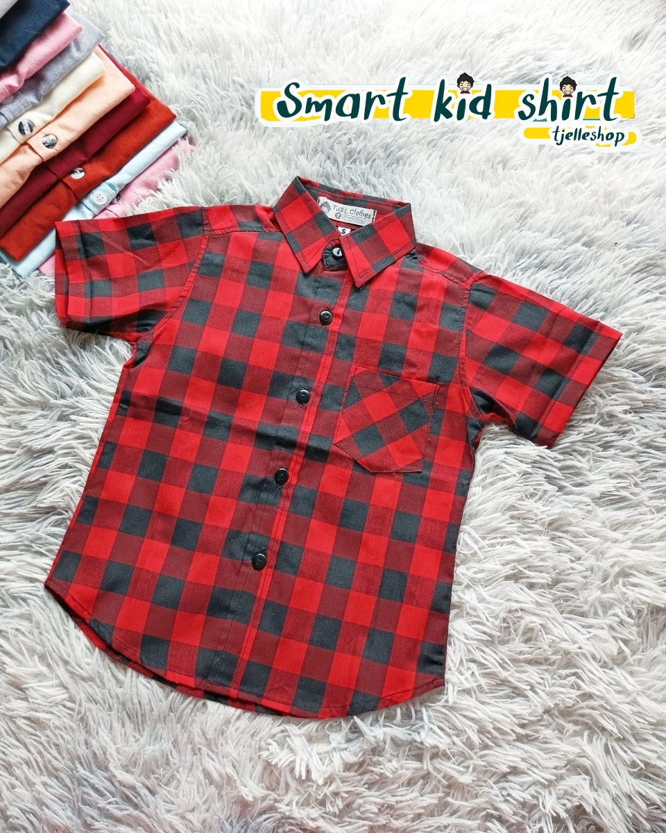 เสื้อเชิ้ตเด็ก แขนสั้น คอปก ลายสก็อตแดงดำ 8เดือน-10ขวบ