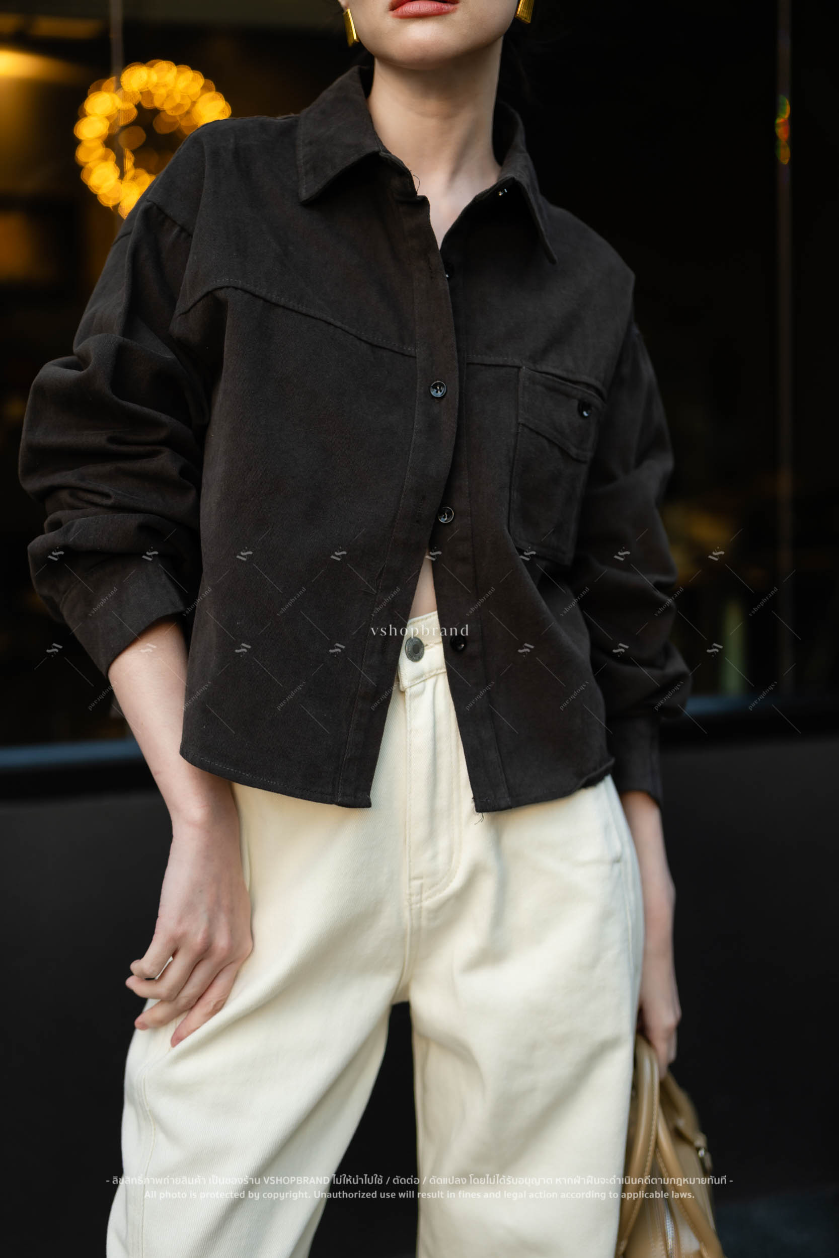 เชิ้ตเดนิมตัวสั้น กระเป๋าอก