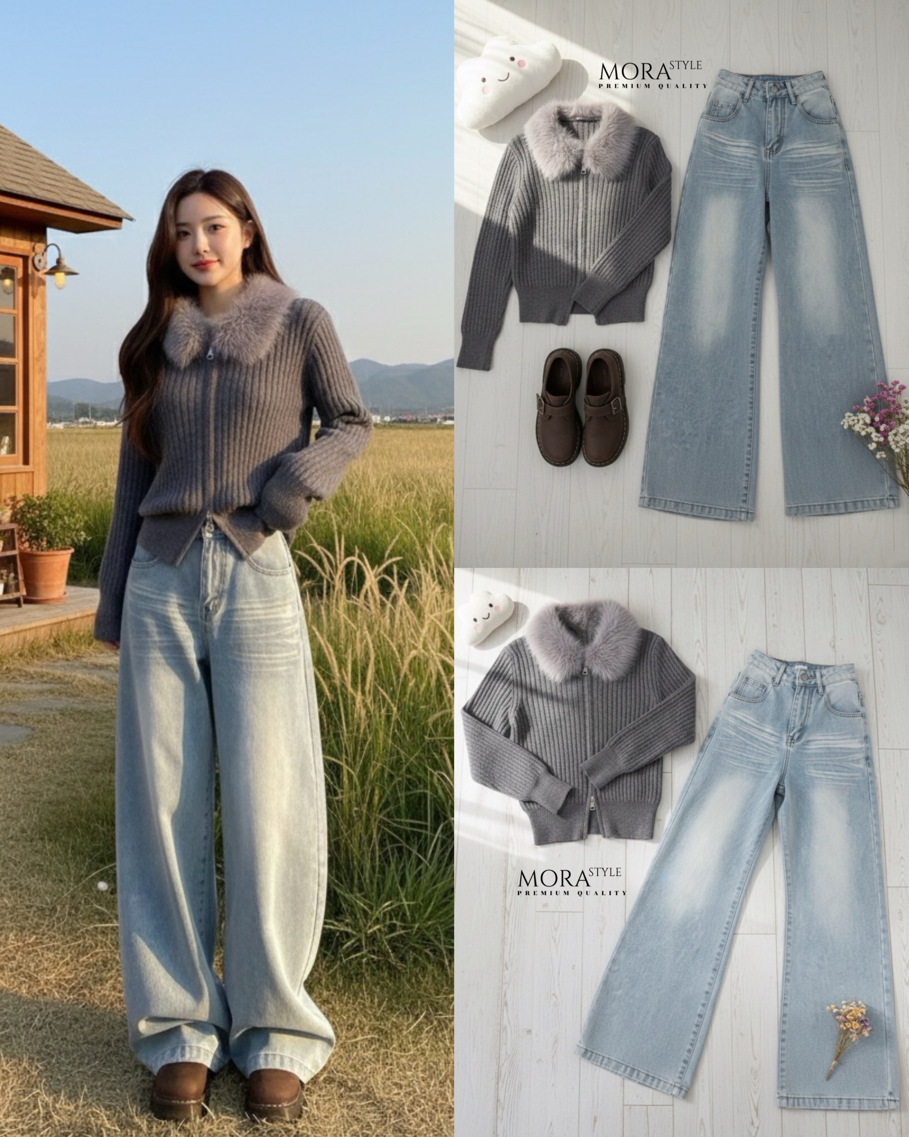 เซ็ท 2 ชิ้น เสื้อไหมพรมแขนยาวผ้ายืดหยุ่นใส่สบายแต่งขนเฟอร์ช่วงคอ มีซิปรูดด้านหน้า งานน่ารักมาก มาพร้อมกับกางเกงยีนส์เอวสูงขายาว ทรง บาเรล แต่งฟอกสียีนส์อ่อน ผ้าหนา ใส่แมทช์เที่ยวชิลล์ๆรับลมหนาวนี้ได้เลยนะคะ