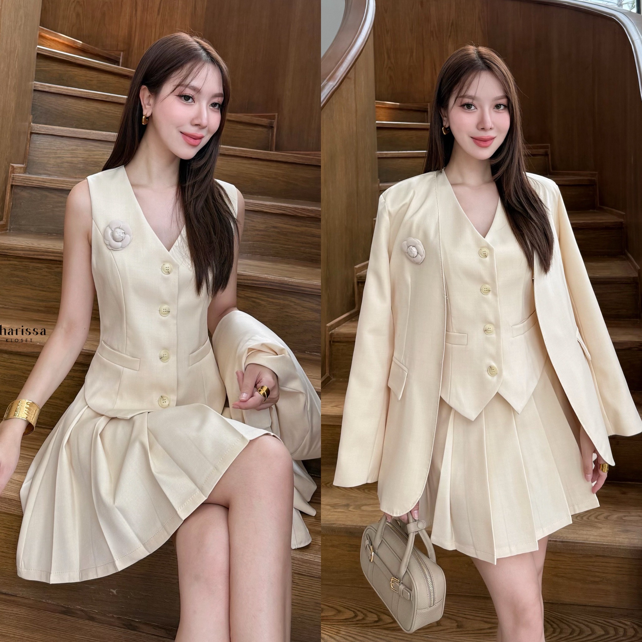 เซ็ท 4 ชิ้น เสื้อสูท+เสื้อ vestด้านใน +กระโปรง(กางเกงเป็นซับใน)+เข็มกลัดดอกไม้ ใช้ผ้าเดียวกันทั้งเซ็ท ตัวเสื้อสูทมีซับในอย่างดี เสริมรองบ่าบางๆเพื่อให้เป็นทรงสวย มีตะขอใส่แบบติดก็ได้น๊า กระโปรงซิปข้าง ซับในเป็นกางเกง เนื้อผ้ามีTexture สวย ยับยากก #ชุดใส่ท