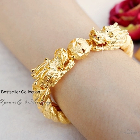 กำไลมังกรคู่ชุบทองแท้ 5ไมแบบลายแบน สลักลวดลายสวยงาม หนัก3บาท