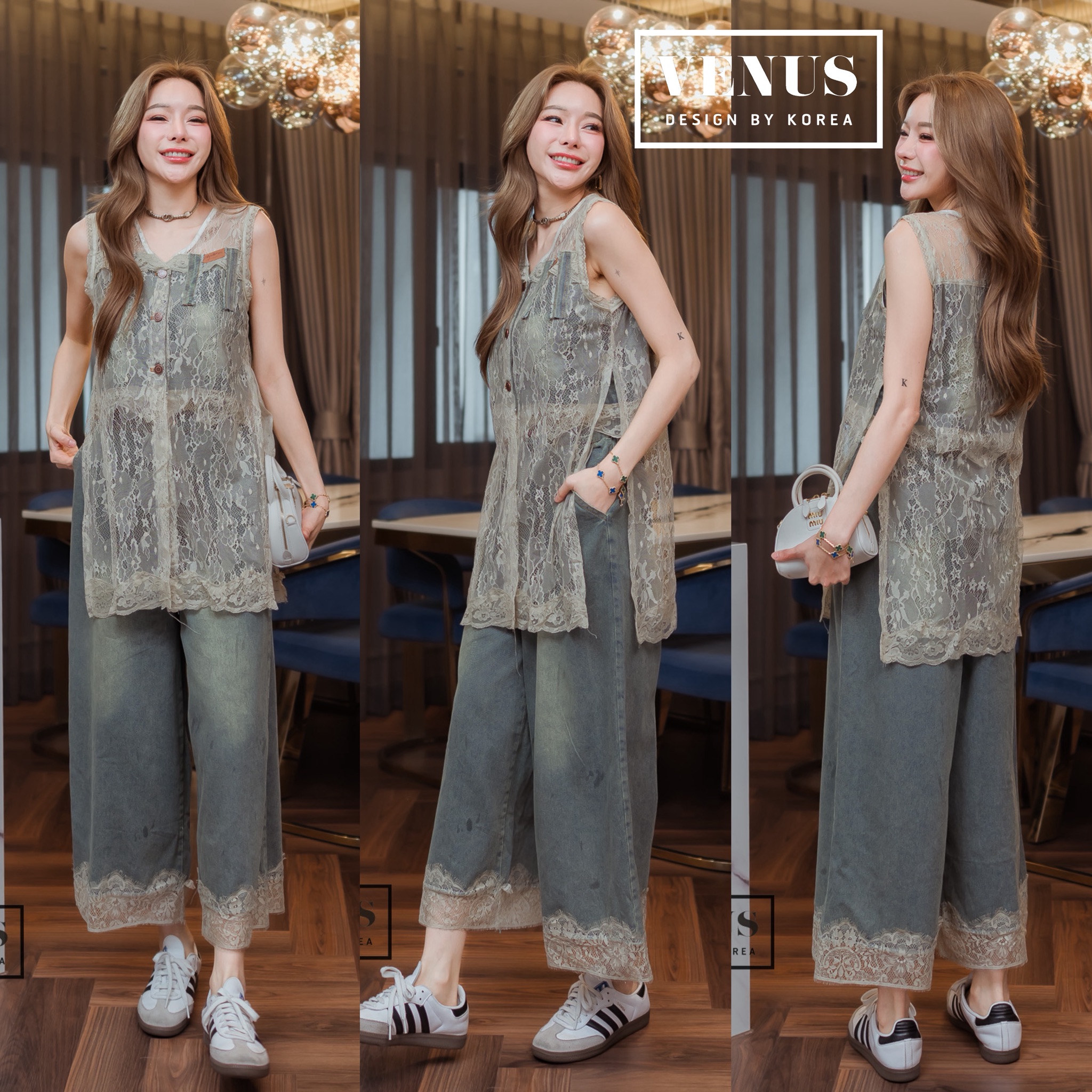 Jeans Set ชุดเซต เสื้อลูกไม้แต่งกระดุมเรียงหน้า งานมาพร้อมกับกางเกงเข้าชุดกันนะคะ สวยเป๊ะสุดๆคะ แม๊ทกับรองเท้าผ้าใบก็เก๋คะ