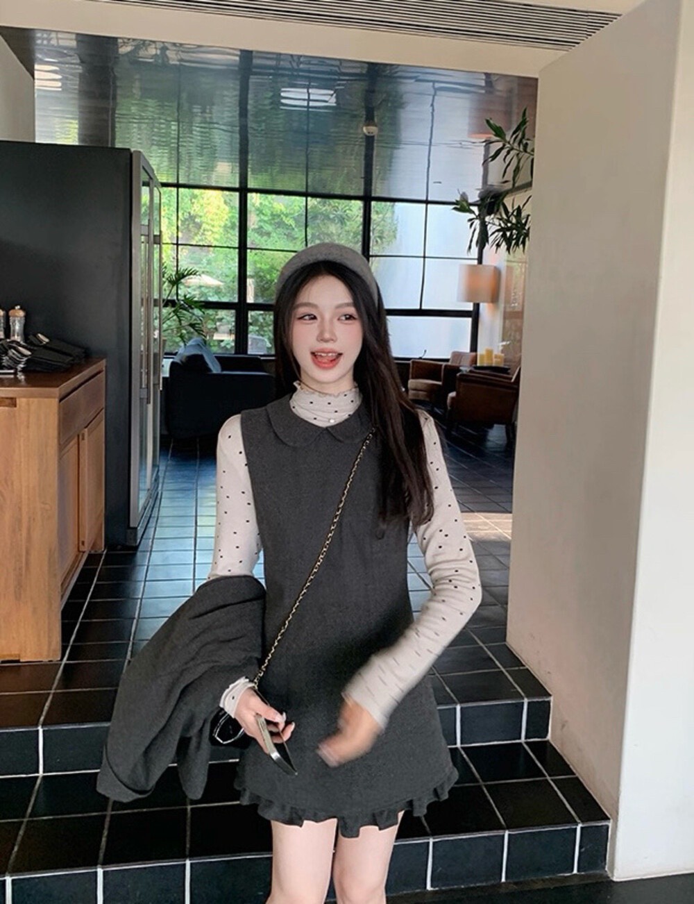 MAYA SHOP 5085# Set 2 pcs เสื้อแขนยาว ลาย polka dot + เดรสแขนกุด คอบัว งานซิปหลัง เนื้อผ้าดี มีซับใน งานสวย