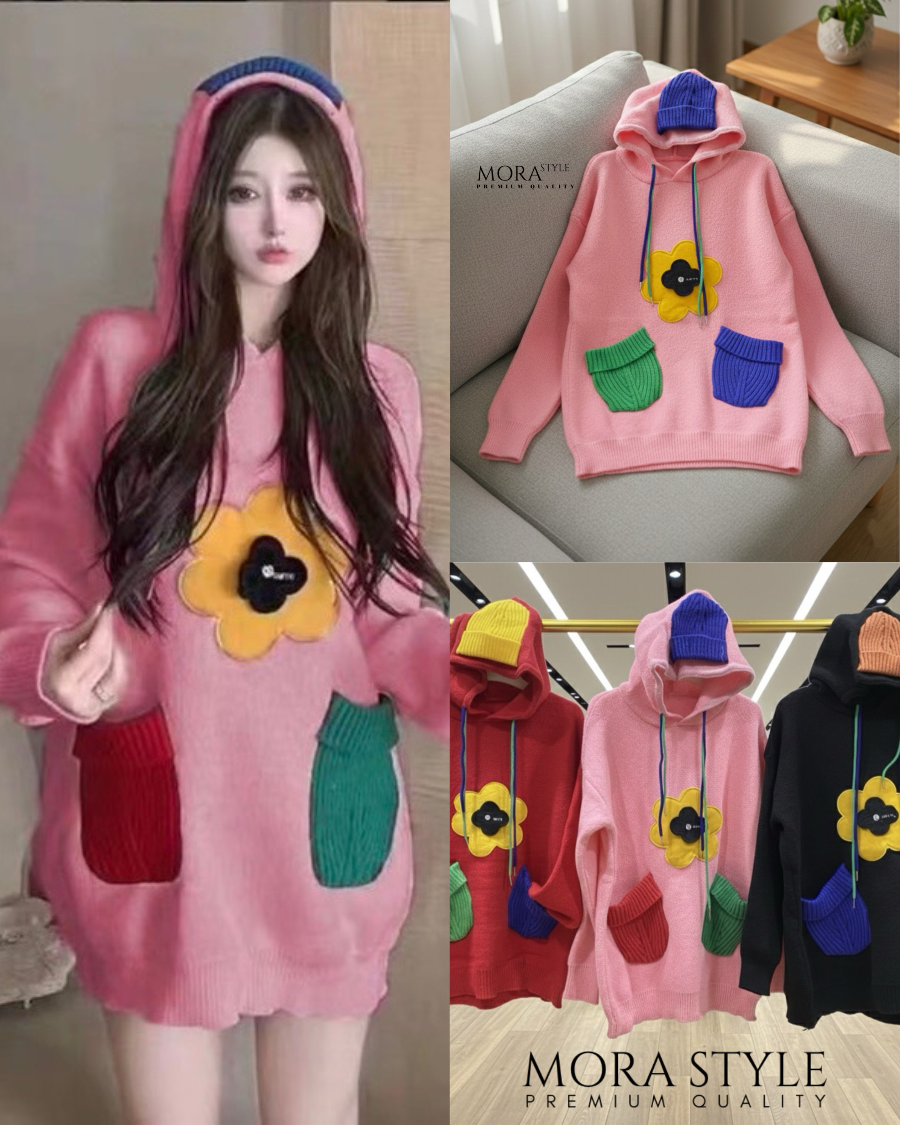 เสื้อสเวตเอตร์แขนยาวมีฮูทหมวก แต่งดอกไม้และกระเป๋าน่ารักมากกกก ใส่แมทง่าย กันหนาวได้ ตรงตรีมปีใหม่เลยค่าา เป็นอีกรุ่นที่ปีใหม่นี้ต้องมีนะค่าา