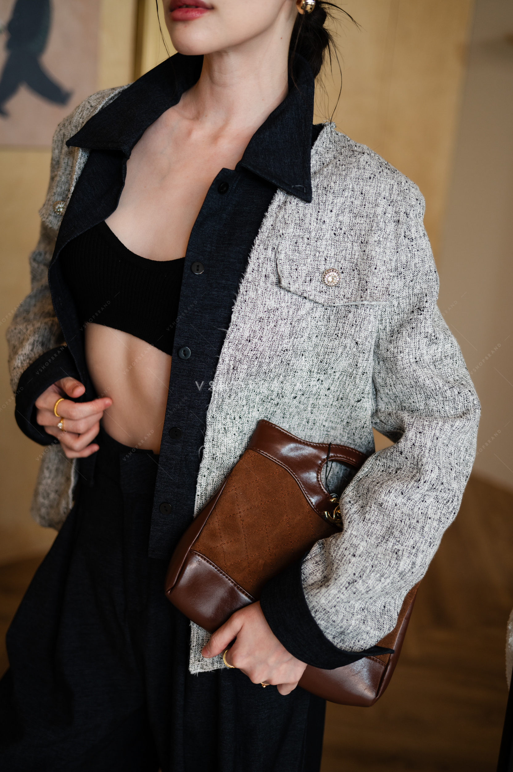 Set เสื้อแขนยาวผ้าทอต่อเชิ้ตด้านใน + กางเกงขายาว