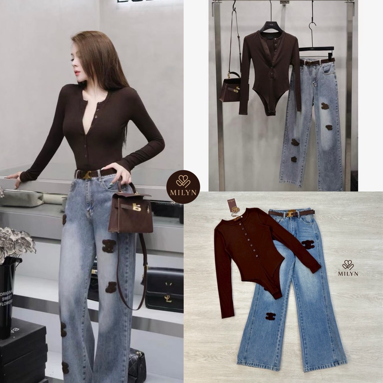 เซ็ต 2 ชิ้น สายชิคต้องมี! 🤎 บอดี้สูทแขนยาวสีช็อกโกแลต ดีไซน์คอปกติดกระดุม ปรับใส่ได้หลายสไตล์ เนื้อผ้ายืดหยุ่น ใส่กระชับสวย 👖 กางเกงยีนส์ทรงขาม้านิดๆเอวสูง แต่งดีเทลปะผ้าสีน้ำตาลสุดยูนีค
