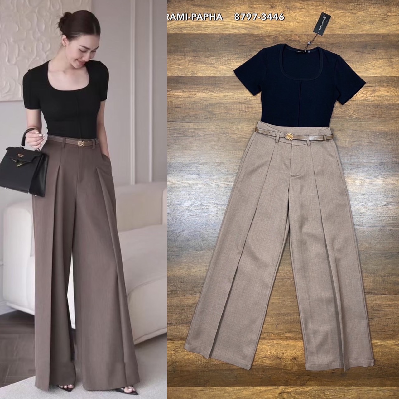 Label :: RAMI-PAPHA(รมิปภา) เสื้อดีไซน์เก๋ + กางเกงขายาวสีน้ำตาล เนื้อผ้าสวยมีเทคเจอร์