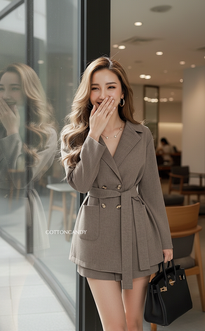 Tag#cottoncandy เซท สไตล์เบลเซอร์ ที่ชิลๆ ผ้าเนื้ดี โทนสีดสวย คุ้มมากๆ มา2ชิ้น พร้อมโบว์ผูกเอว ใส่เป็นเซทหรือจะแยกชิ้นก็ไ