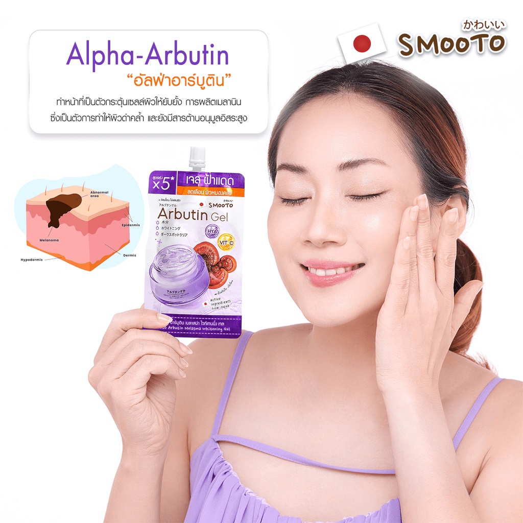 (6ซอง/กล่อง) Smooto Arbutin Gel 30กรัม สมูทโตะ อาร์บูติน เมลาสม่า ไวท์เทนนิ่ง เจล เจลทาฝ้า เจลฟ้าแดด เจลเห็ด