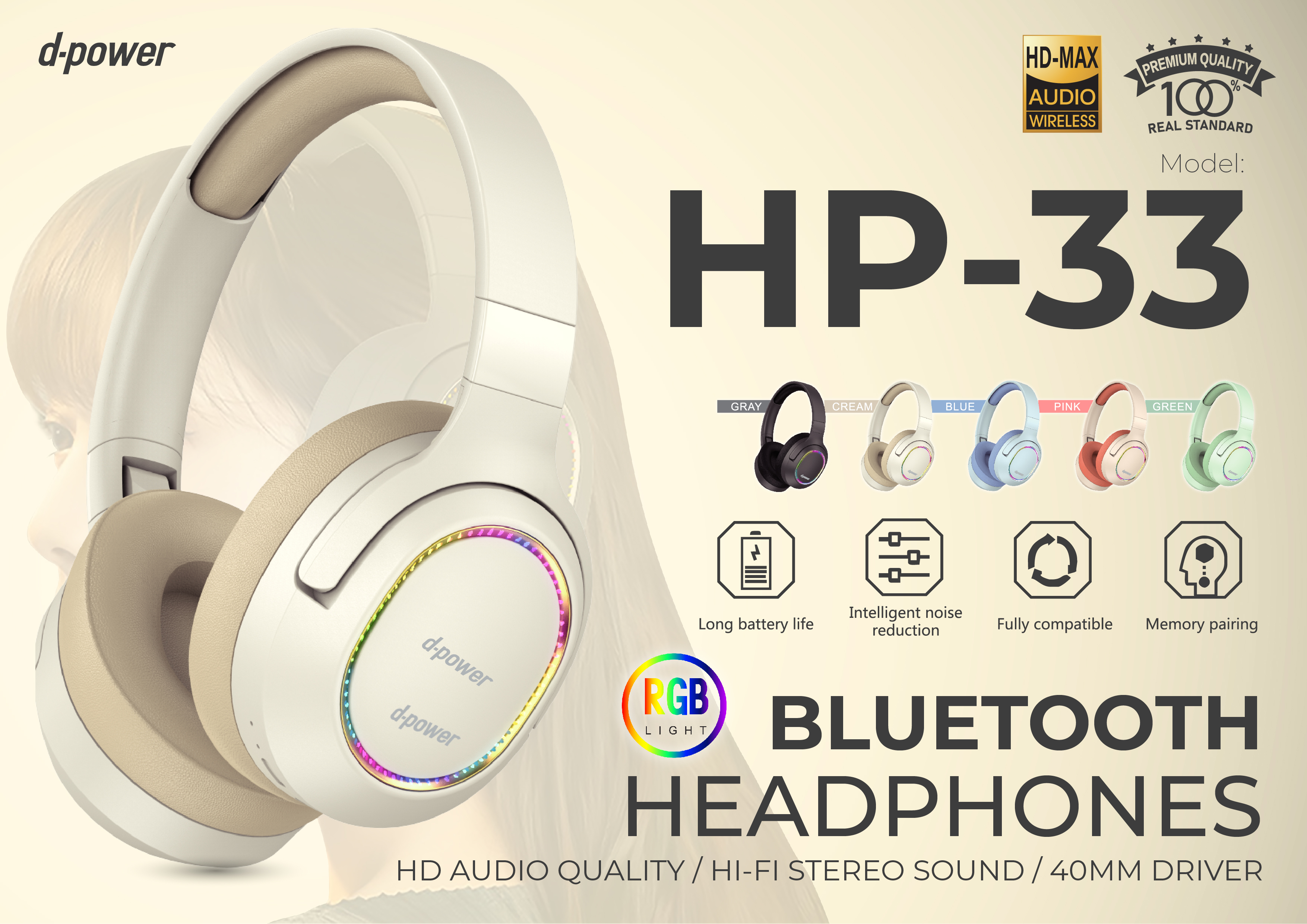 HP33 d-power BLUETOOTH V.5.3 HEADPHONE ไฟ RGB HP-HM-DP-HP33X