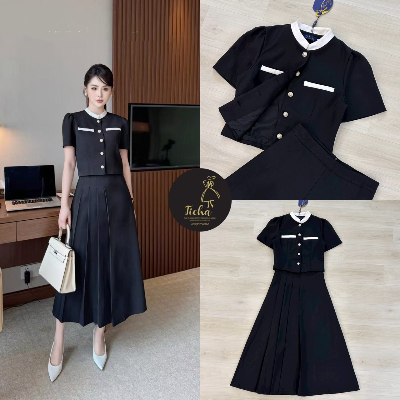 👗👗Detail : ชุดเซต2ชิ้น สีดำเสื้อแขนสั้น ดีเทลแต่งคอจีนขลิบขาว กระดุมหน้าใช้งานได้จริง แต่งขลิบสีขาวตรงช่วงอก ดีไซน์สวย มาพร้อมกับกระโปรงยาวจับจีบสวย (มีซิปข้าง) เย็บซับในอย่างดี ผ้ามีน้ำหนัก ทรงสวย