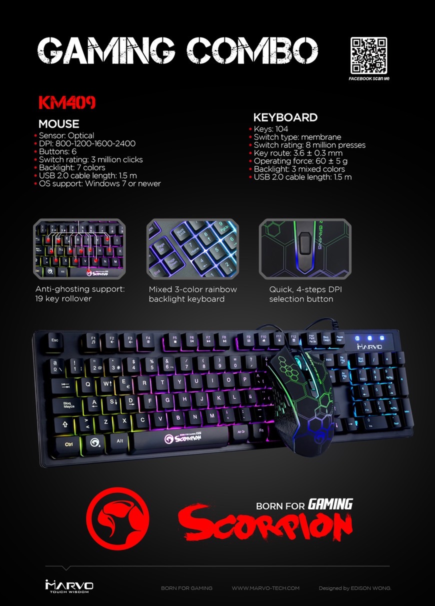 KM-409 MARVO KEYBOARD+MOUSE USB ไฟ SKU-01833