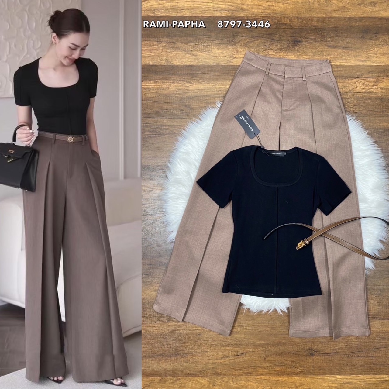 Label :: RAMI-PAPHA(รมิปภา) เสื้อดีไซน์เก๋ + กางเกงขายาวสีน้ำตาล เนื้อผ้าสวยมีเทคเจอร์