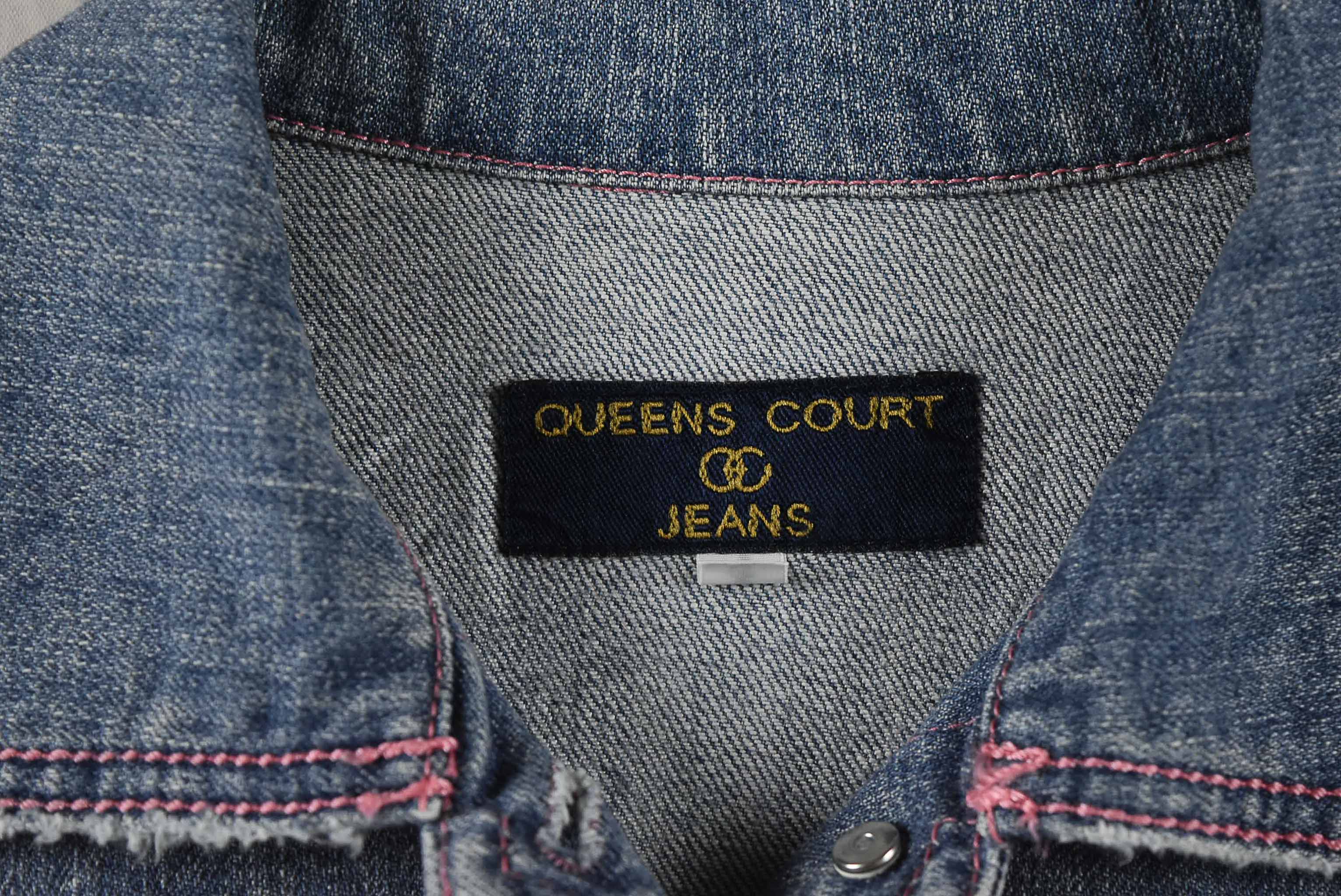 OUEENS COURT อกจริง 33 ไซส์ 150 เสื้อแจ็คเก็ตยีนส์ แขนยาว เด็กชายหญิง สีฟอก ตะเข็บสีชมพู ทรงน่ารัก ใส่คลุมกันแดด