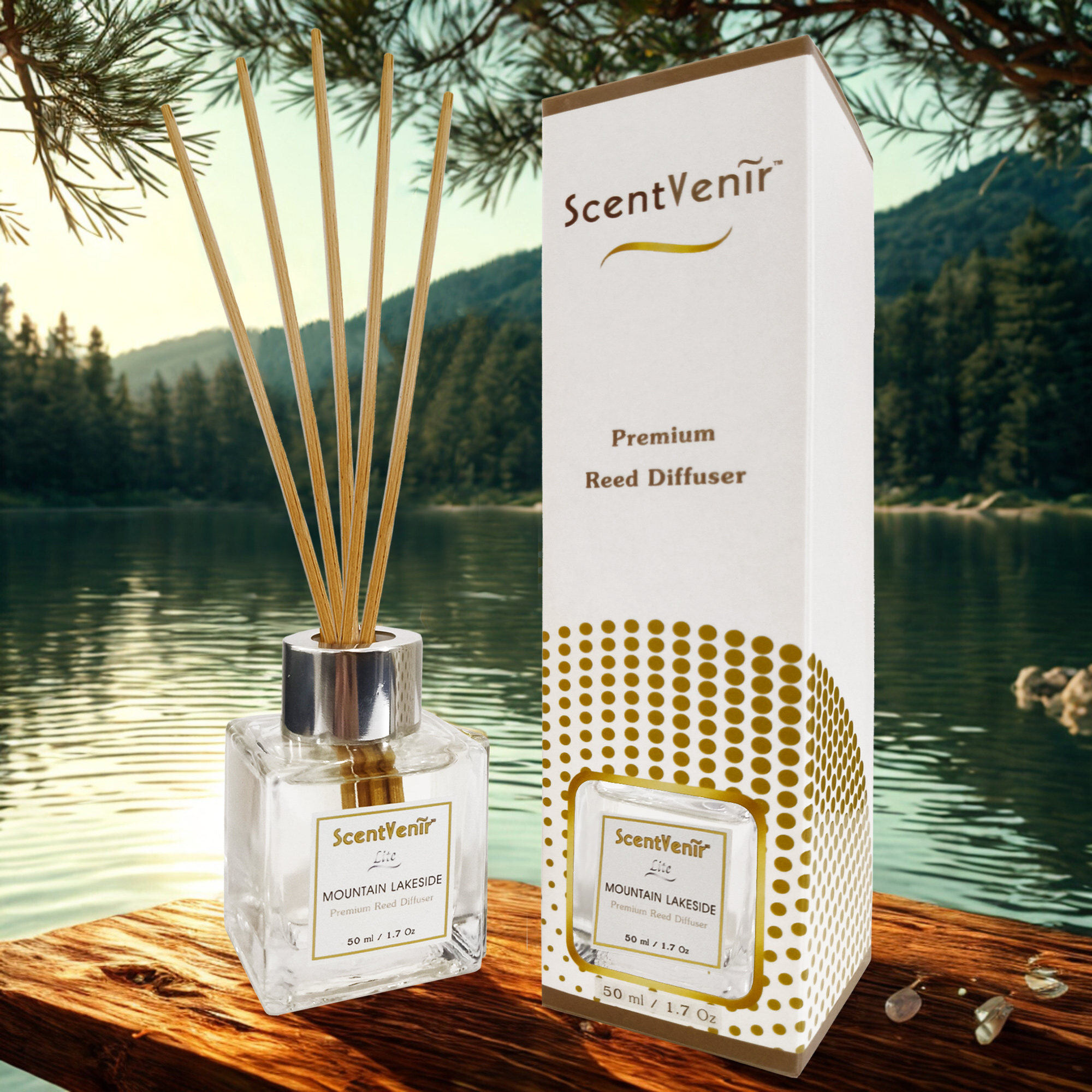 MOUNTAIN LAKESIDE Scent Diffuser (Lite) น้ำหอมกระจายกลิ่น ปรับอากาศ ไม้หวาย ก้านไม้หอม กลิ่น เม้าท์เท่น เลคไซด์ สัมผัสกับกลิ่นแห่งขุนเขา ทะเลสาป หอมสะอาด สดชื่น, เย็นสบาย อโรม่า หอมละมุน เบาๆ น้ำมันหอมระเหยแท้ผสมกับหัวน้าหอม ขนาด 50ml ใช้นาน 1-2 เดือน