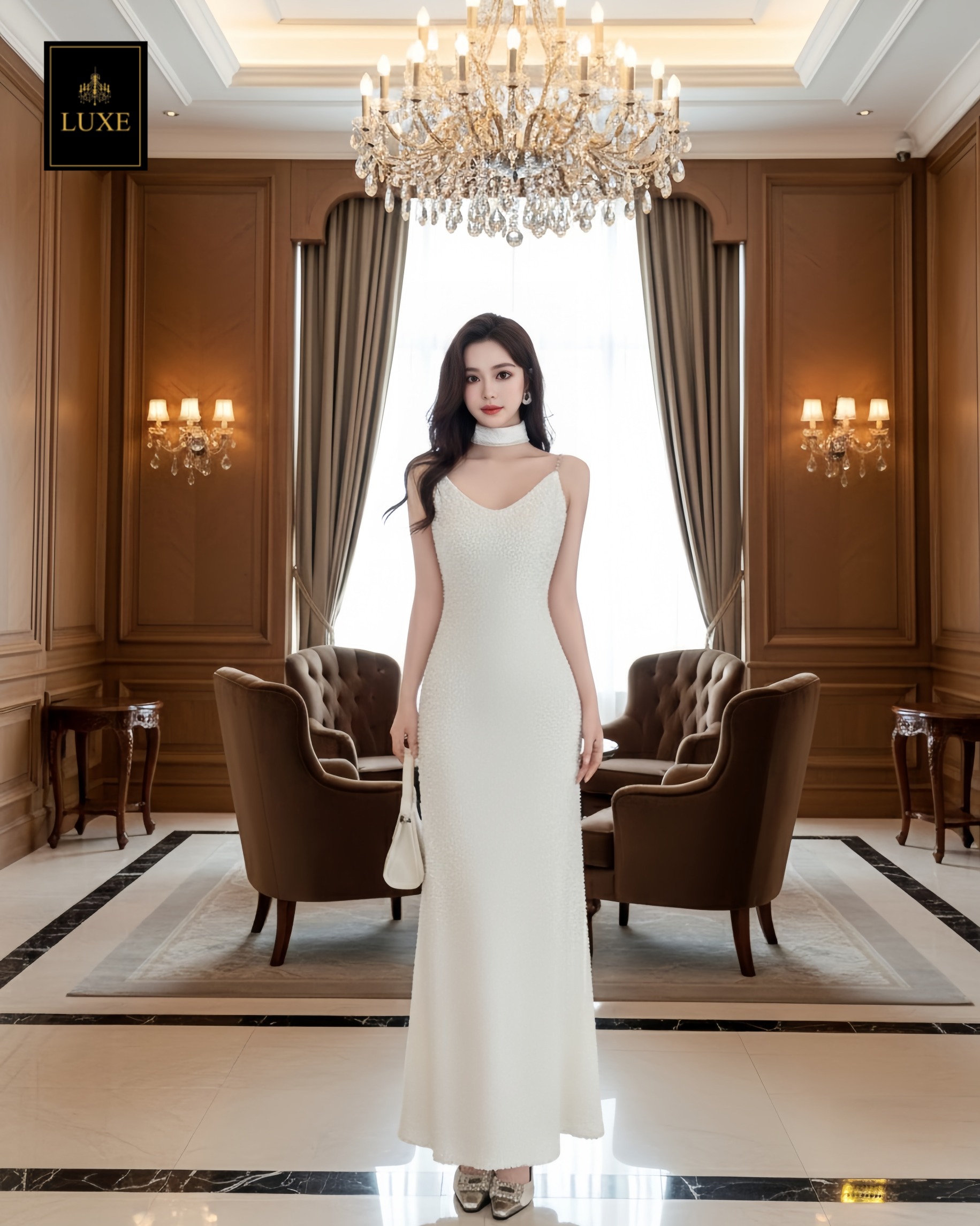 เดรสเสื้อสายเดี่ยว กระโปรงยาวทางเอ ☑️ชุดทำจากผ้ายืดปักเลื่อม ยืดหยุ่น สายทำจากโซ่ประดับมุก ☑️มีซิปซ่อนและซับในอย่างดี