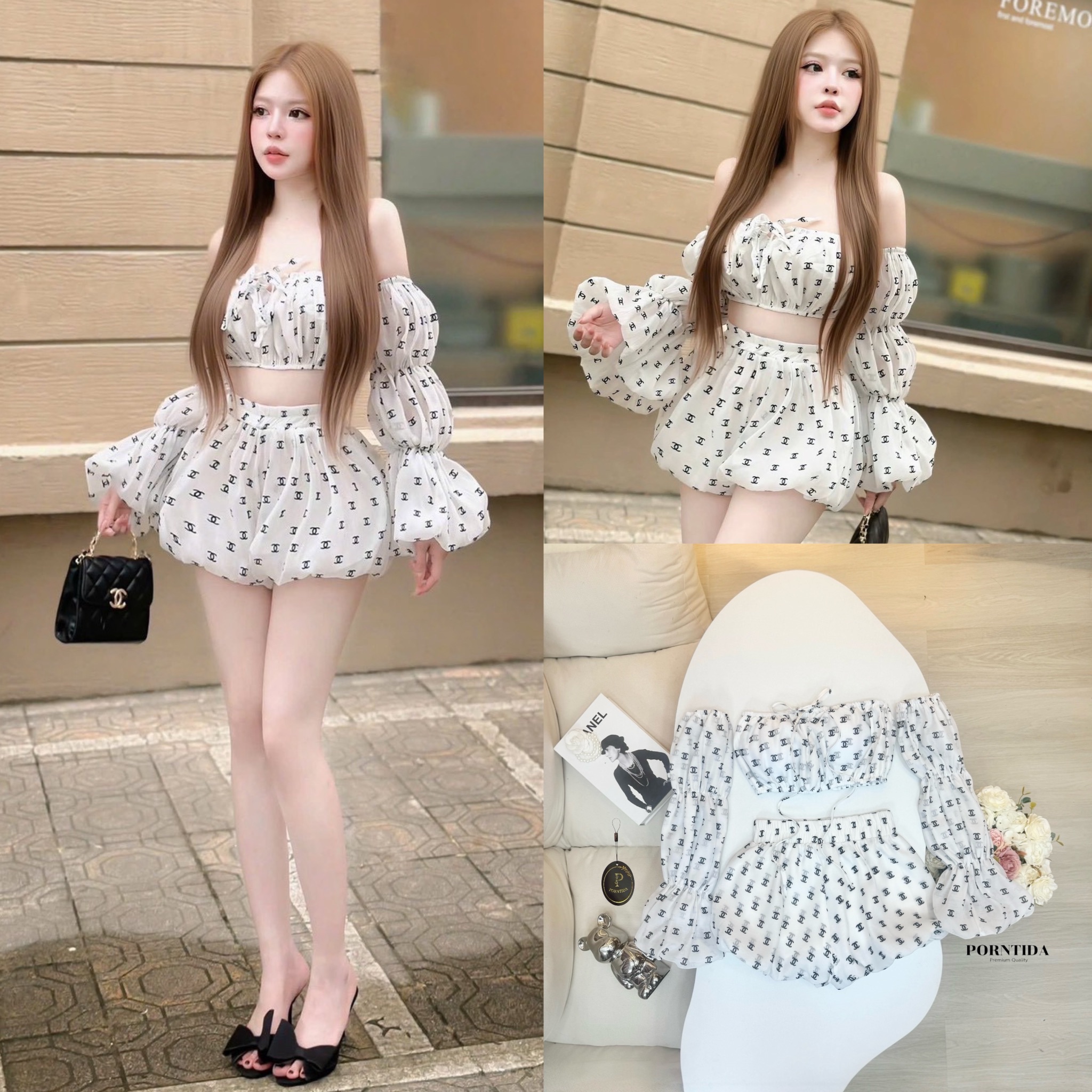 ชุดเซต 4 ชิ้น เสื้อเกาะอก+ กางเกงทรงบอลลูน+ปลอกแขน2 ข้าง ตัวเสื้อหน้าอกเสริมฟองนมสม็อกบริเวณเกาะอก อกใหญ่ลงไซด์เดิมได้