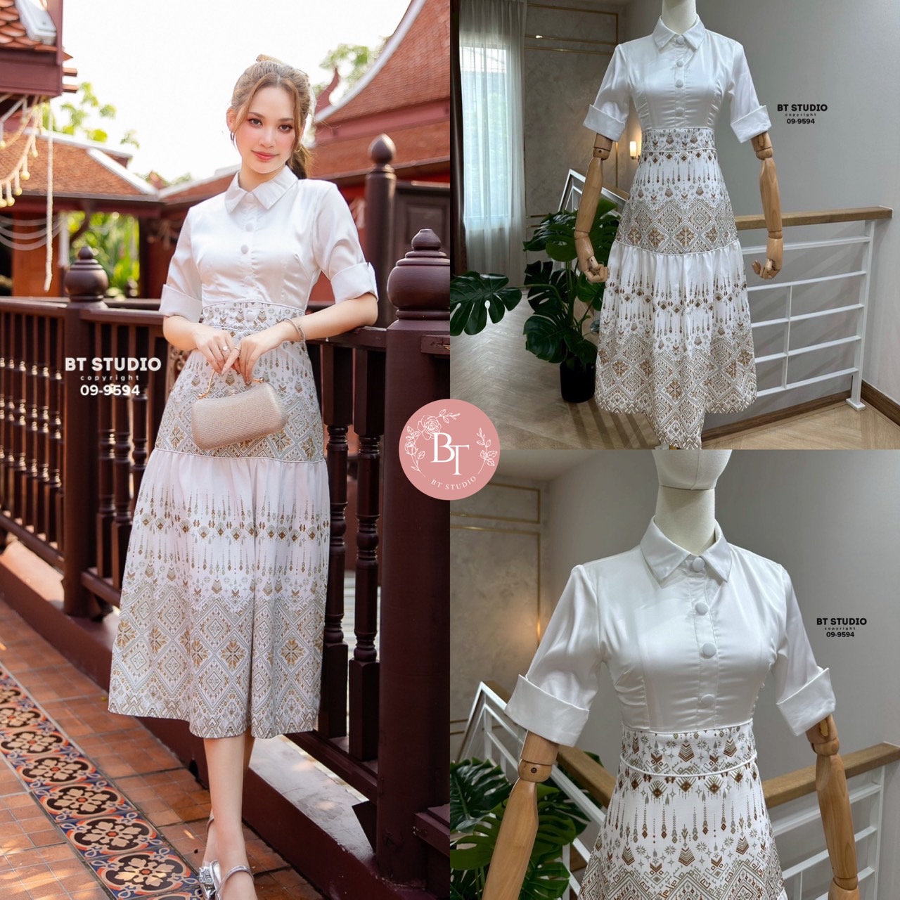 ชุดเดรสคอปกแต่งกระดุมหน้าหลอก ปลายแขนพับ ตัดต่อกุ้นสีขอบขาวสองชั้น ผ้าพื้นสลับงานผ้าพิมพ์ลายในตัวงานสวยเนื้อผ้าดี คัตติ๊งสวยมีซับในและมีซิปหลัง #เดรสออกงาน #ชุดผ้าไทยประยุกต์ #งานป้ายบีที #btstudio