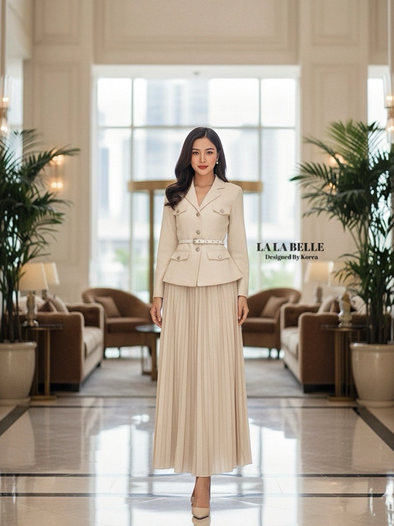 เซต3ชิ้น เสื้อสูทคอวีกระดุมหน้า +เข็มขัดหนังเข้าชุด +กระโปรงอัดพีท
