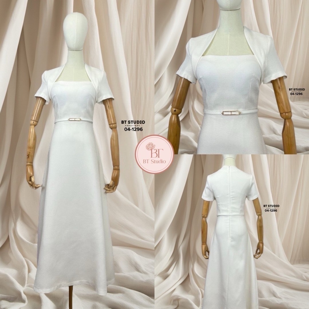 เซท 2 ชิ้น เดรสยาวคอตัดสีเหลี่ยมแต่งคอเก็บทรงใส่แล้วดูคอเรียวสวยคะ อกเอวเข้ารูป แขนสั้นกระโปรงบานออก งานเนื้อผ้าดีมีซับในคัตติ๊งสวย มาพร้อมเข็มขัดเส้นเล็กคะ