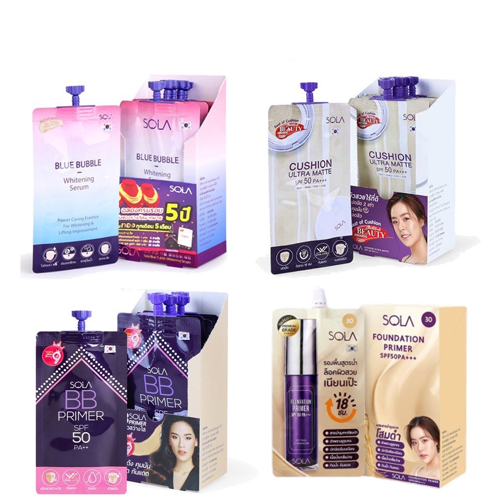 (ยกกล่อง 6ซอง) Sola Cushion Ultra Matte/Sola BB Primer/Sola Blue Bubble Whitening Serum/Sola Foundation Primer