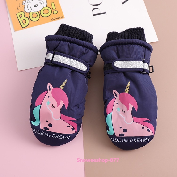 ถุงมือสกีถุงมือกันหิมะสำหรับเด็กบุหนากำมะหยี่เด็กลาย unicorn มี 5 เฉดสี 3-6 ขวบ