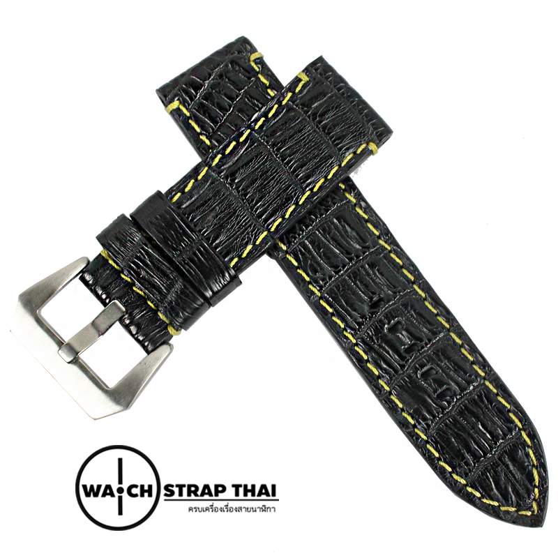 สายนาฬิกาหนังจระเข้แท้สำหรับ Panerai (Pam) Genuine Crocodile Leather Watch Strap Black ด้ายเหลือง ขนาด 24mm