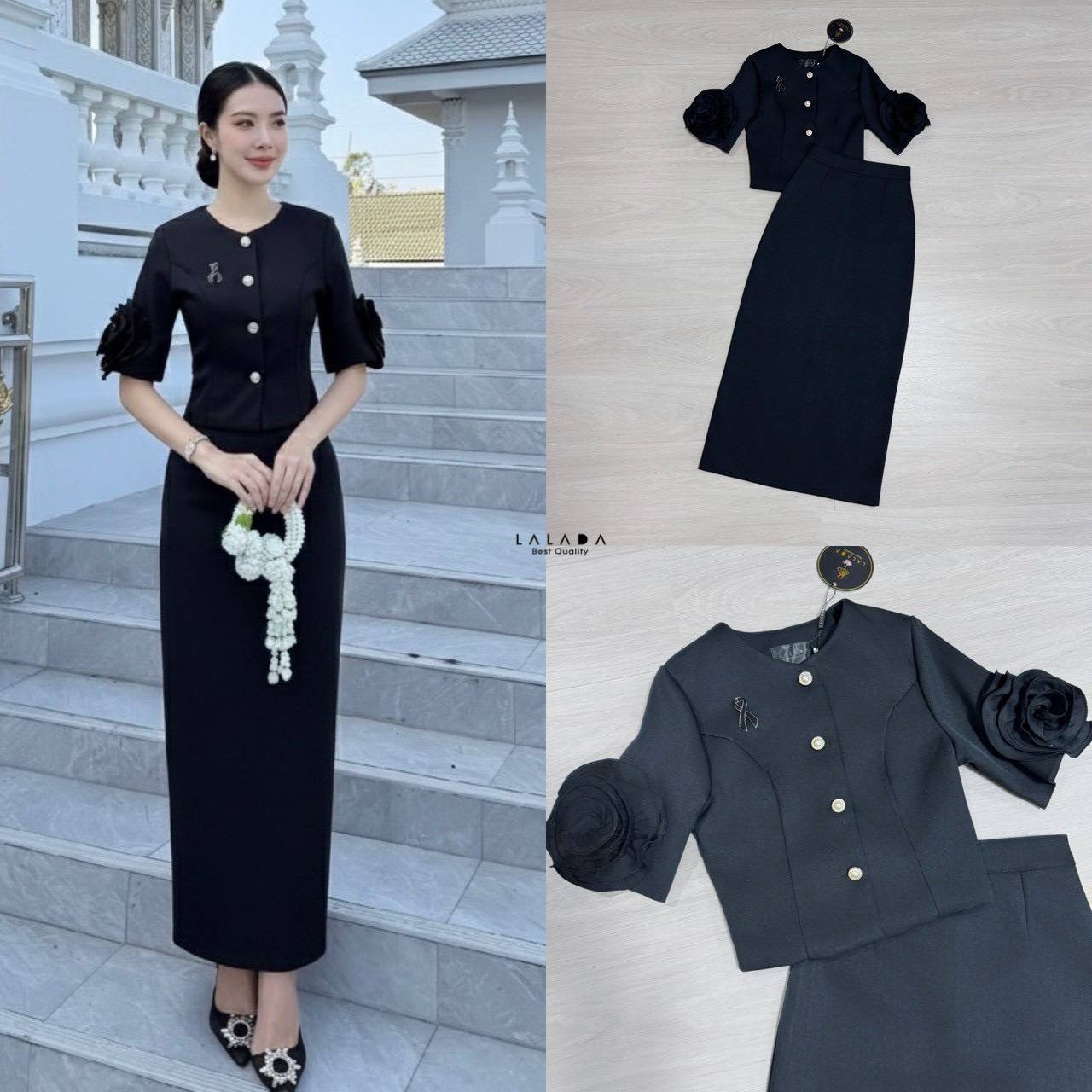set 2 ชิ้น เสื้อดำกระดุมหน้าแต่งดอกไม้ช่วงแขน + กระโปรงยาวงานซิปหลัง ชุดดำแบบสุภาพใส่ออกงาน ใส่ทำงานได้หมดค่ะ + เข็มกลัดไว้อาลัย