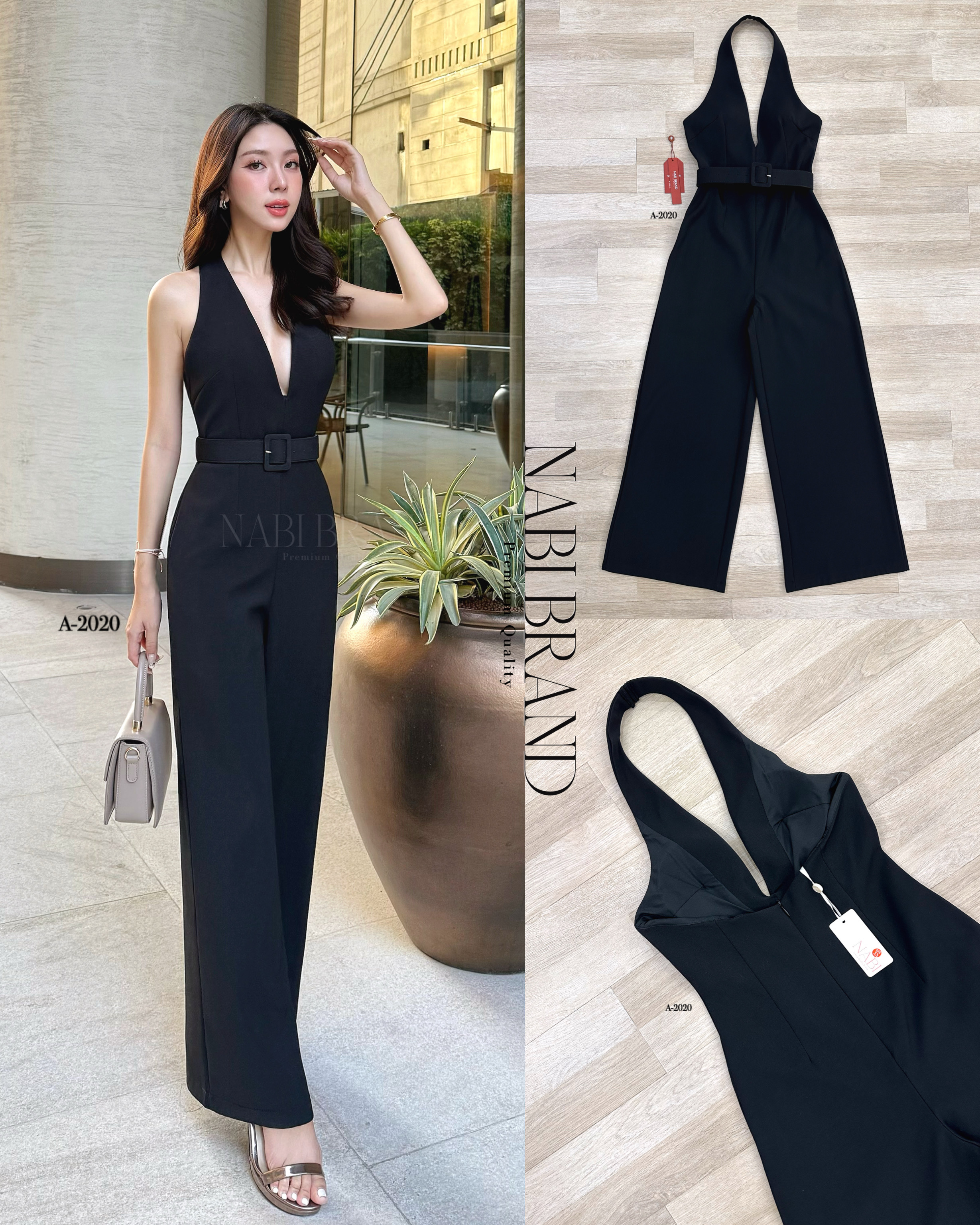 จั้มสูทขายาวทรงขาม้า สีดำทรงคล้องคอ ด้านหน้าเป็นทรงคอวี โชว์หลังแอบsexyหรูไฮมากค่ะ เพิ่มกระเป๋า2ข้าง ใช้งานได้จริง มาพร้อมกับเข็มขัดรัดเอว บอกเลยว่ารุ่นนี้คือ ใส่สวย ดูสูงผอมเพรียว ที่สำคัญเนื้อผ้าดี มีฟองน้ำ มีซับในอย่างดีค่ะ ความยาวกำลังดีไม่รั้งเป้าแน่