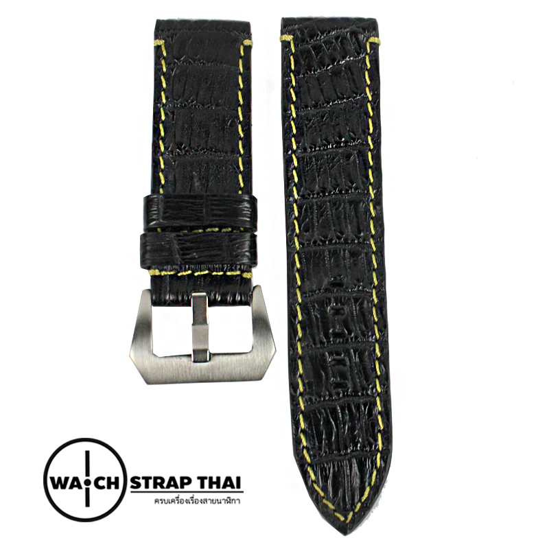 สายนาฬิกาหนังจระเข้แท้สำหรับ Panerai (Pam) Genuine Crocodile Leather Watch Strap Black ด้ายเหลือง ขนาด 24mm