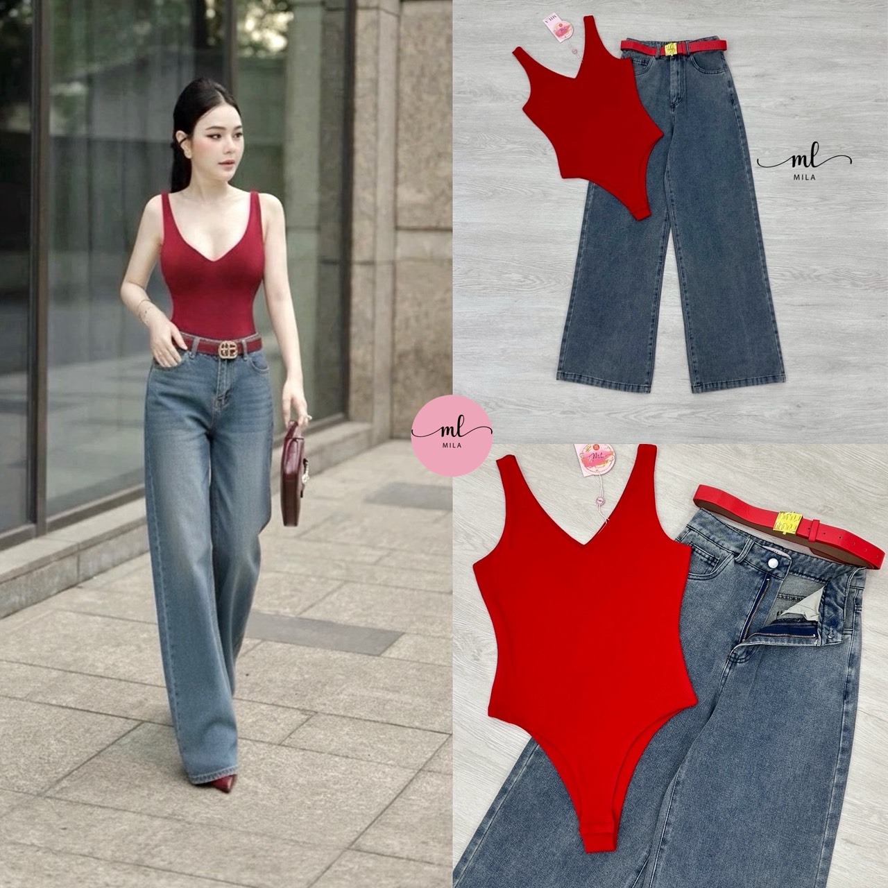 เสื้อ บอดี้สูทคอวีสีแดงสด + กางเกงยีนส์ทรงกระบอกใหญ่ เอวสูงปรี๊ด สีฟอกสวย + เข็มขัดหนังสีแดงอะไหล่ทองให้อีกเส้น