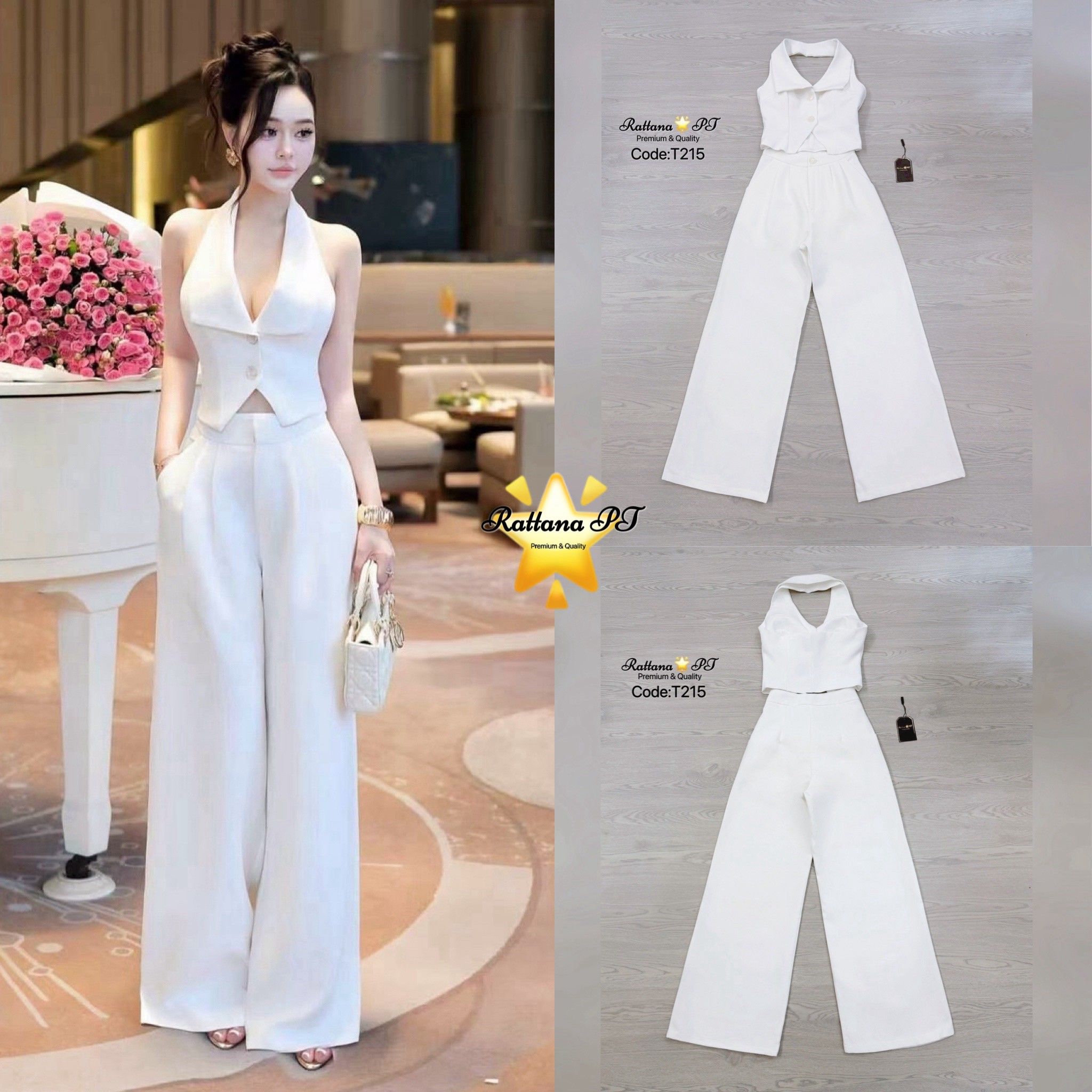 ชุดเซต เสื้อ+กางเกงขายาว เสื้อมีดีเทลแต่งกระดุมหน้า มีซับในอย่างดี เนื้อผ้าดีมากๆ มาคู่กับกางเกงขายาวทรงสวยมาก กางเกงมีซิบด้านหน้า ใส่เที่ยว