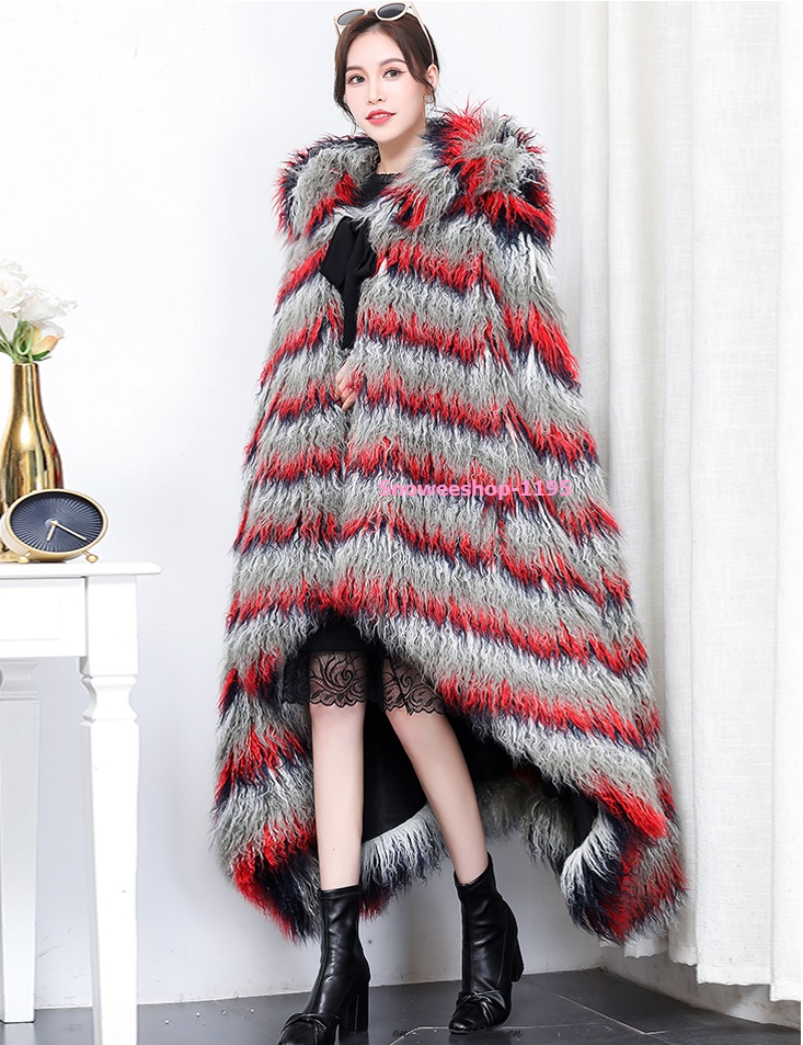 เสื้อคลุมมองโกเลียผ้าคลุมไหล่ขนเฟอร์ขนแกะยาวพร้อมฮู้ด แต่งไล่ระดับหน้าหลัง ซับในหนาใส่เสื้อคลุมกันหนาวติดลบได้ดี ขนาดฟรีไซส์ถึงรอบอก 55"