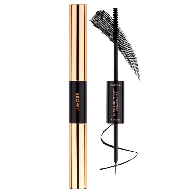 Browit 2 in 1 Universal Mascara and Eyeliner 4g+4g สี Jet Black บราวอิท มาสคาร่า + อายไลน์เนอร์ ในแท่งเดียว กล่องสีชมพู