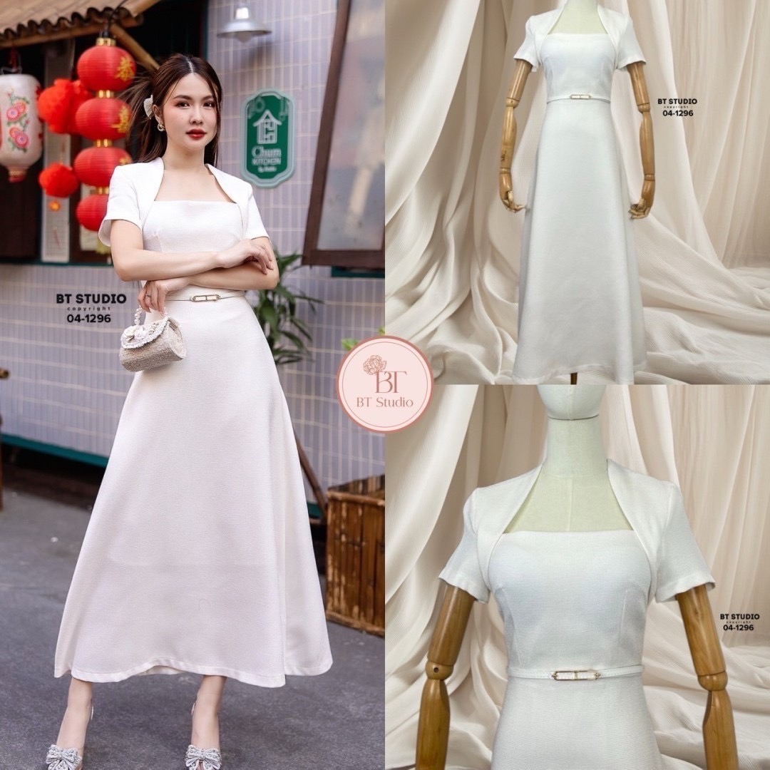 เซท 2 ชิ้น เดรสยาวคอตัดสีเหลี่ยมแต่งคอเก็บทรงใส่แล้วดูคอเรียวสวยคะ อกเอวเข้ารูป แขนสั้นกระโปรงบานออก งานเนื้อผ้าดีมีซับในคัตติ๊งสวย มาพร้อมเข็มขัดเส้นเล็กคะ