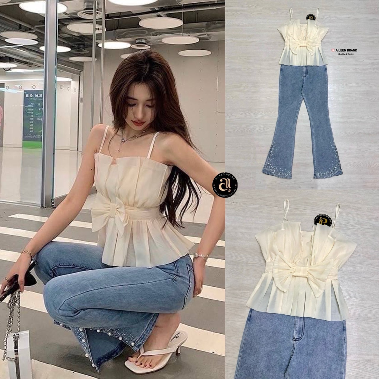 Set 2 ชิ้น เสื้อสายสปาเกตตี้สามารถปรับระดับได้ ดีไซน์อกโค้งท๊อปด้วยผ้าชีฟองตั้งขึ้น ( เสริมฟองน้ำ และซิปหลังอย่างดี ) เอวด้านหน้าแต่งโบว์ใหญ่ ชายเสื้อเย็บจับจีบทั้งด้านหน้าและด้านหลัง มาพร้อมกับกางเกงยีนส์ยืดขายาว กระดุมและซิปด้านหน้ามีกระเป๋าล้วงด้านข้าง