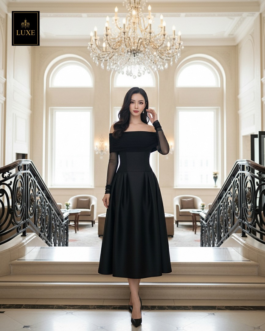 ☑️ เดรสเสื้อแขนยาวเปิดไหล่ กระโปรงยาวคลุมเข่า แขนเสื้อซีทรู ☑️ ตัวชุดทำจากผ้าไหมดัตเชส แขนเสื้อทำจากผ้าเน็ตเนื้อนุ่มยืดหยุ่น ☑️ คัทติ้งประณีต มีซิปซ่อนและซับใน