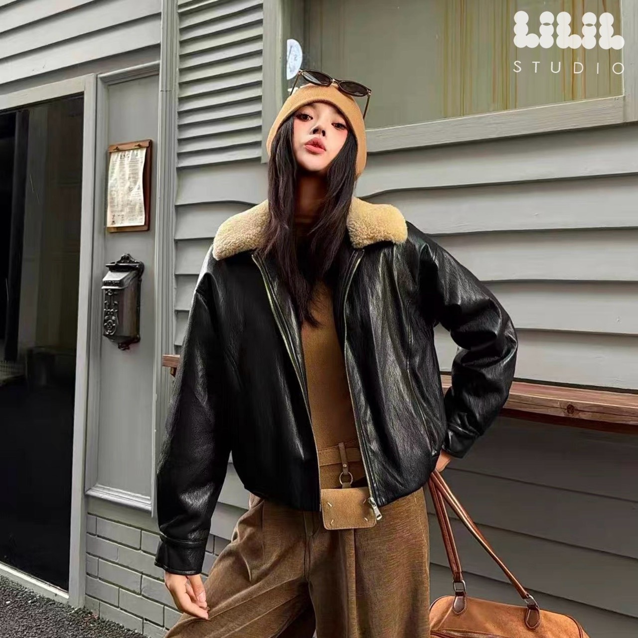 Lovely leather Jacket⭐️ พร้อมส่งค่ะ งานเสื้อJacket หนังลูกวัวนิ่ม ปกถอดได้ ซิปหน้ากระเป๋าจริงค่ะ