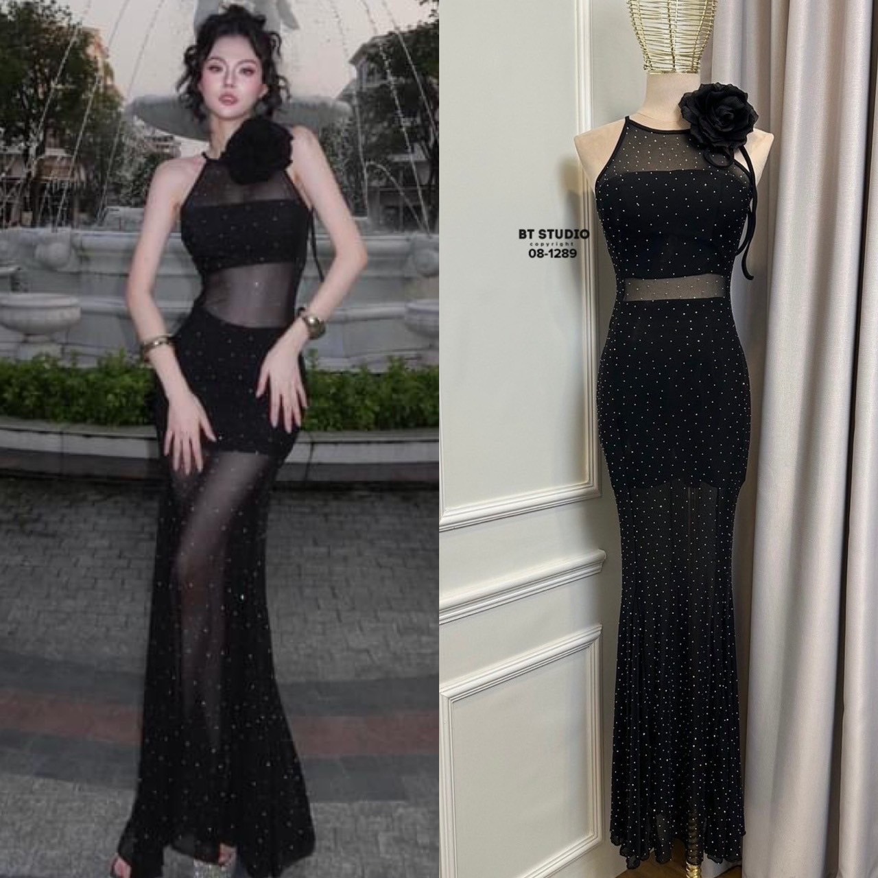 เซท 4 ชิ้น เสื้อครอปเกาะอกมาพร้อมกระโปรงสั้น มาพร้อมเดรสยาวตาข่ายซีทรูแต่งกริตเตอร์สีเงิน มาพร้อมดอกไม้ใหญ่อลังมากผูกที่คอ งานสวยมากค่ะ