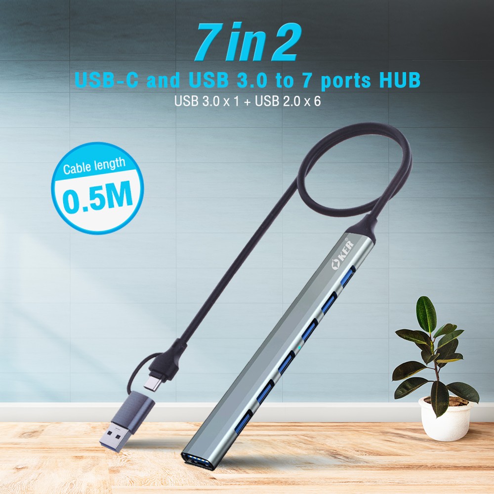 H-348 OKER USB 3.0+TYPE-C 7in2 HUB +7 PORTS HB-7P-OK-H348G