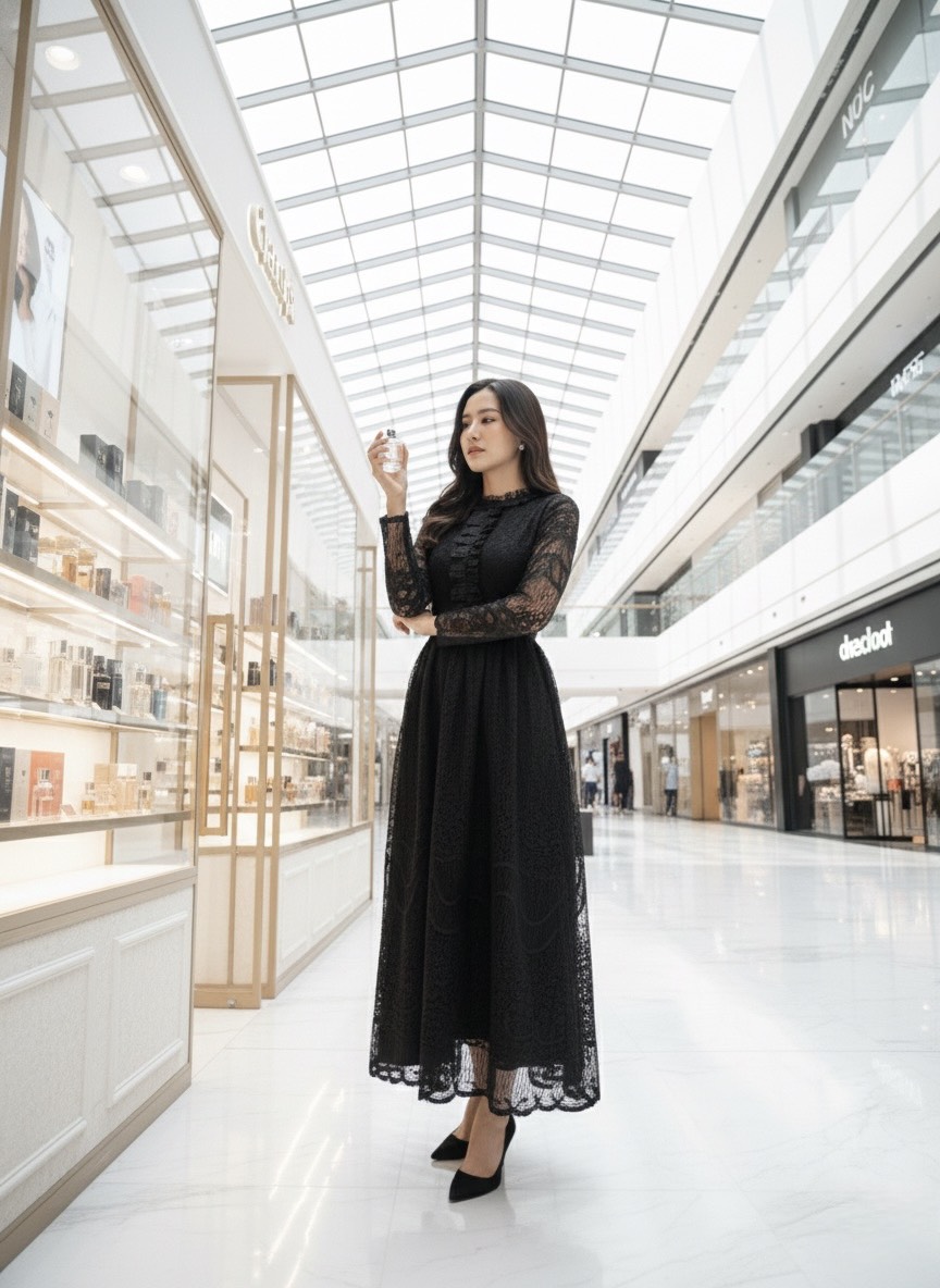 เดรสยาวแขนยาวปักลาย มีสีครีมและสีดำ