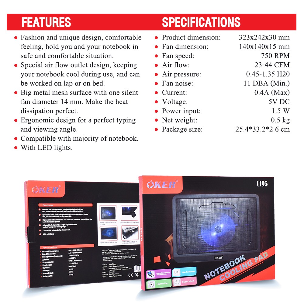 C195 OKER NOTEBOOK COOLING PAD มีไฟ FA-OK-NB-C195B