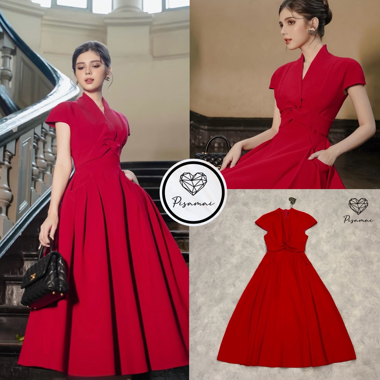 เดรสตัวยาวทรงมีแขนมัดหน้าสีแดง มาในทรงกระโปรงบานยาว ดีไซน์สวย หรู old money ดูแกรมมากๆค่า ต้องมีเลยค่า
